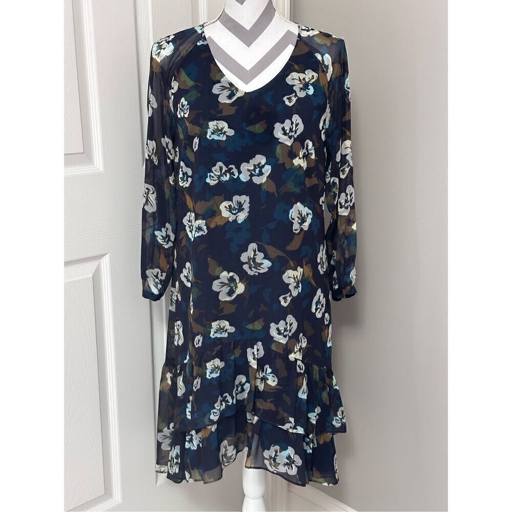 CAbi Blue Pirouette Floral Chiffon double Ruffle Dress
